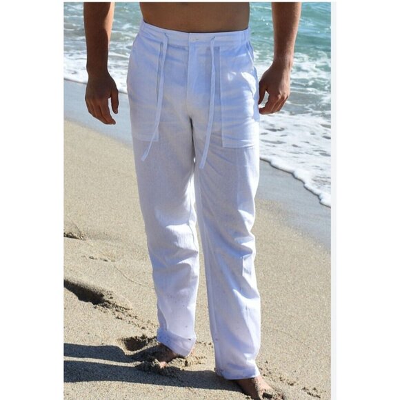 Mens White Linen Drawstring Beach Pants Relax Fit By Bohio XL - Picture 1 of 16